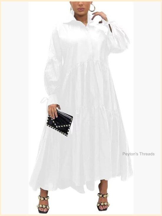 Dresses & Skirts - Long Sleeve Maxi Shirt Dress with Button Down and Pleated Details